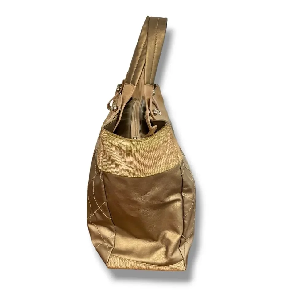 Authentic Chanel Paris Biarritz CC Large Tote Bag Gold Tan Coated Canvas Handbag